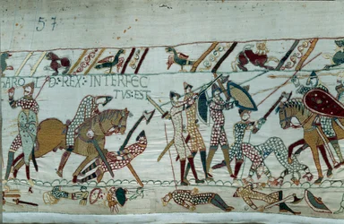 Erövring av England av hertigen av Normandie Vilhelm Erövraren (1027-1087) 1066: kung Harald II:s död med en pil i ögat i slaget vid Hastings. Detalj av tapeten av Bayeux eller broderi av drottning Mathilde