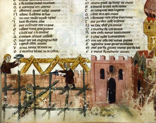 Byggnadsscen. Miniatyr ur ”Roman de Troie” av Benoît de Sainte-Maure. 1300-talet, Biblioteca Marciana, Venedig.