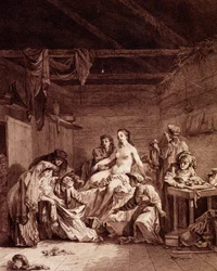 Kontroll av defloration efter ett bröllop i Ryssland. Därigenom kontrollerades om äktenskapet hade fullbordats. Gravyr från 1700-talet.