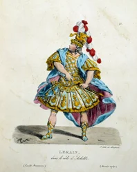 Kostym av Lekain (Henri Louis Cain (Henri-Louis Le Kain) (1729-1778) i rollen som Achilles 1740. Fransk komedi-teaterdräkt av Hippolyte Lecomte (1781-1857)
