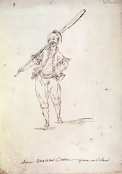 Kostym för karaktären Roland i operan med samma namn av kompositören Niccolo Vito Piccinni (eller Piccini) (1728-1800) efter ett libretto av Jean Francois Marmontel (1778). Teckning från slutet av 1700-talet