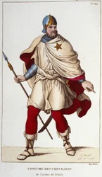 Dräkt av riddare av stjärnorden, grundad av Johannes II den gode, 1351. gravyr av 1830