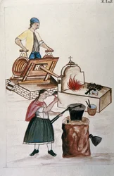 Ett par Moyobamma metisses bearbeta järn i en smedja, från boken "Trujillo del Peru" eller "Códice Martínez Compañón", av Baltazar Martinez Compañón y Bujanda, biskop av Trujillo (1782-1785)