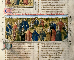 Rättsunderhållning: danser och spel. Scenen utspelar sig i närvaro av gudarna kärlek, skönhet, leverans, franchise, artighet och ungdom. Miniatyr från "" The Roman of the Rose ". Valencia från 1300-talet. Universitetsbiblioteket. ©AISA/Leemage