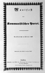 Omslag till kommunistpartiets manifest av Karl Marx och Friedrich Engels, första upplagan, London 1848 (30 sidor). "Proletärer i alla länder förenar er"