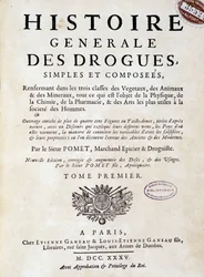 Försättsblad till "Allmän historia om droger, singel och komponerad" av Pomet