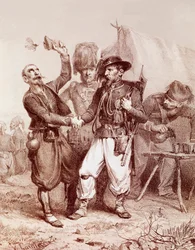 Krimkriget (1853-1856): allegori över alliansen mellan Frankrike, Kungariket Sardinien och England mot Ryssland, 1854