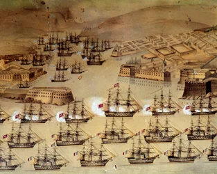 Krimkriget (1853-1856) mellan Ryssland och Osmanska riket: fransmännen och britterna, allierade med turkarna, belägrar den ryska hamnen Sevastopol från 17 oktober 1854 till 8 september 1855. Istanbul, Sjöfartsmuseet.