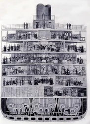 Tvärsnitt av det transatlantiska "Provence": från bro till lastrum. Illustration av 1800-talet