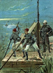 Korsar Bahr el Ghazals myrar i Afrika genom Marchand-missionen 1899. Liebig-kromolitografi från 1800-talet