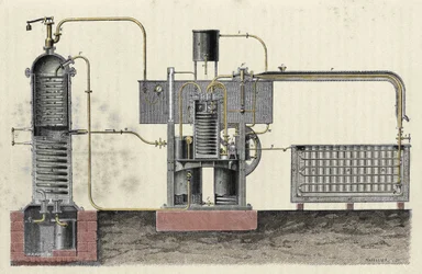 Kapning av Ferdinand Carres (1824-1894) industriella apparat för att göra is. Gravyr av 1800-talet