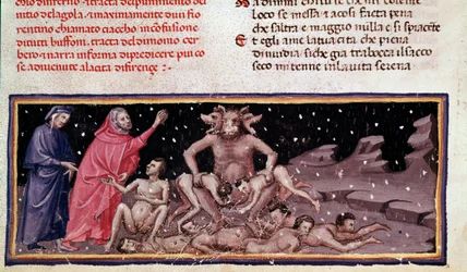 Dante och Virgil möter Ciacco och Cerbere med frossaren (låt 9 från Hell, in the Divine Comedya) - miniatyr