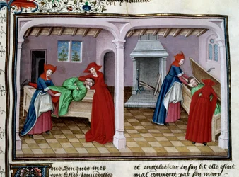 Död En patient har ångest. Efter hans död läggs hans kropp i en kista. Miniatyr från "" Le decameron"" av Jean Boccaccio (Giovanni Boccaccio) (1313-1375) 1450 Paris, Arsenals bibliotek
