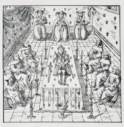 Karl IX:s död den 30 maj 1574 vid 24 år - i "" Samling av 39 figurer som representerar Frankrikes katastrofer från 1562 till 1586"" Louis Perrin imprimerie