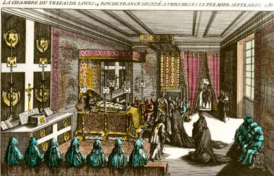 Kung Ludvig XIV:s död: Ludvig XIV:s bårhus (1638-1715), känd som kung Soleil, överlämnades till Versailles den 1/09/1715. Gravyr av 1700-talets privatsamling