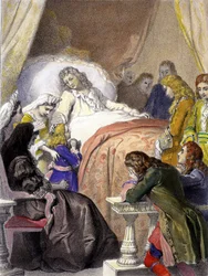 Frankrikes kung Ludvig XIV:s (1638-1715) död den 1 september 1715 i Versailles och den blivande Ludvig XV (1710-1774).