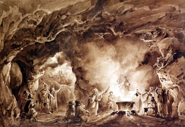Dekor för operan "" Macbeth"" komponerad av Giuseppe Verdi (1813 - 1901). Aquatinte användes för omslaget till den första upplagan av 1847.