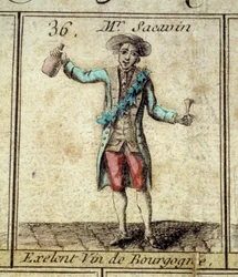 Detalj av spelet Goose of the Cree of Paris: Mr Sacavin, vindrickare från Bourgogne. Gravyr av 1700-talet. Coll. Gå.