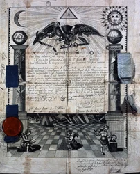 Diplom för Isaac Huit som gesäll och mästare i den kungliga frimurarkonsten, utfärdat 1789 av St-Jeans storloge i Genève.