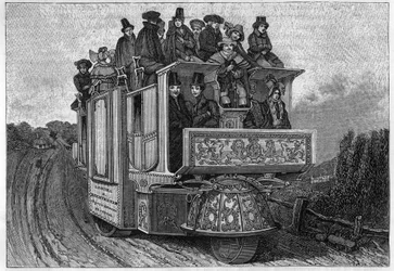Doktor Ghurchs trehjuliga mekaniska bil byggd i Birmingham 1833. Italiensk gravyr från 1800-talet.