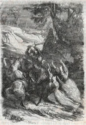 Doralice och Isabelle vill skilja Mandricard och Zerbin - gravyr från 1851 från "" Roland furieux""