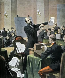Dreyfus fall. Grafologiexperten Alphonse Bertillon avsätter vid Rennesrättegången