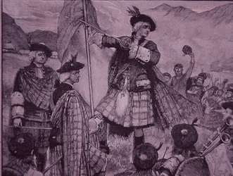 Earl of Mar höjer jakobitisk standard 1715 (gravyr)