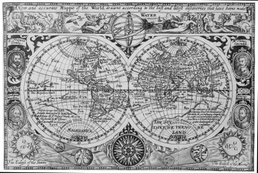 Världskarta från tidigt 1600-tal, efter Mercator, med infällda porträtt av upptäcktsresande (Drake, Magellan, Thomas Cavendish och Oliver van der Nort), elementen och förmörkelser