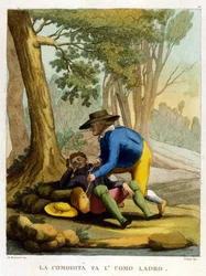 Lätthet gör människan till en tjuv. Illustration från en samling ordspråk från 1700-talet.