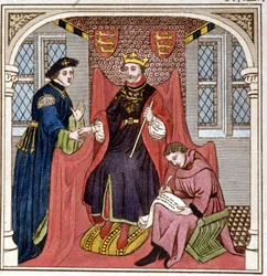 Edvard III (1312 - 1377) tog emot greve Guy av Flandern. Gravyr från slutet av 1700-talet. Bibl. di Brera, Milano.