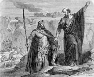 Elia varnade Ahab att regnet är nära förestående. I bakgrunden ser vi dyrkan av Baal (Ba
