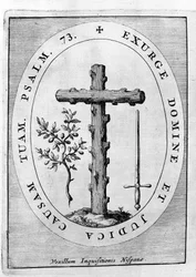 Spanska inkvisitionens emblem: kors, olivkvist och svärd. 1600-talet