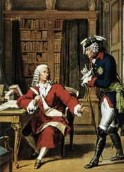Kejsar Fredrik II den store (1712 - 1786) besöker filosofen Voltaire (1694 - 1778). Etsning av 1700-talet.