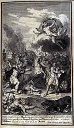 Enee, som vill hämnas Pandaros, är redo att ge efter under gravitationen av en stor sten som Diomede kastar. Medan Venus flyger till hans undsättning, tog Sthelenos tag i hans vagn och hästar. Illustration av bok V i Iliaden av Homere, fransk upplaga