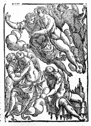 Eole (nedre höger) och vindar. "Mytologi och fabler" ger greve Natalia. Padua 1677