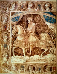 Ryttarporträtt av Ludvig XII (1462 - 1515), kung av Frankrike. Miniatyr i "" Chronicles", folio 1v, av Enguerrand de Monstrelet (1390? -1453), v. Paris BN