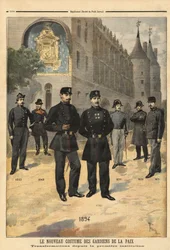 Utveckling av uniformer för fredsbevarare (eller stadssergeanter) från 1860 till 1894, framför klocktornet på Conciergen, Paris. Gravyr i ”” Le petit journal”” 09/1894. Selvas samling.
