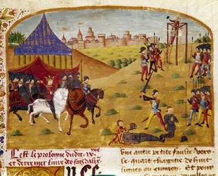 Avrättning av förrädare Miniatyr hämtad från "" Boken av fakta om Alexander den store"" av Quintus Curtius Rufus (Quinte Curce) (1:a århundradet), omkring 1468. (Ms 1335) Reims. Kommunbiblioteket