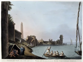 Exteriörvy av den antika muren i Alexandria, med Cleopatras nål (vallar och obelisk) - i "" Utsikter i Egypten, Palestina och andra delar av det osmanska riket""