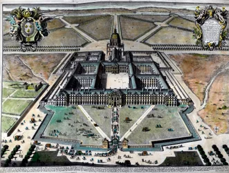 Exteriör vy av hotel des Invalides i Paris på 1700-talet. Gravyr av 1700-talet. Privat samling.