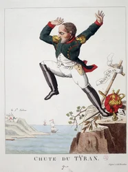 Tyrannens fall: Napoleon hoppar från Mount St John (Slaget vid Waterloo) till St. Helene Island - i "" Napoleon 1st, karikatyrer, dummysamling"",