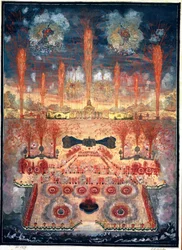 Fyrverkerier och illuminationer den 16 juni 1744 i Moskva (Ryssland). Mitten av 1700-talet. Rokokokonst. Statliga historiska museet, Moskva.