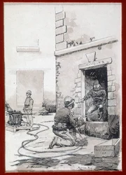 Brandmän: brandutrustning från källare. gravyr sd. 1800-talet