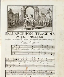 Första akten av "" Bellerophon "" Tragedie Lyrique i fem akter med en prolog av Jean Baptiste Lully (Giovanni Battista Lulli) (Jean-Baptiste) (1632-1687). 1714.