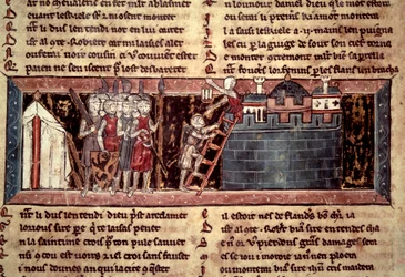 Första korståget: "Korsstågen som anländer före Jerusalem". Miniatyr från "" Chevalier au Swan et Godefroi de Bouillon""