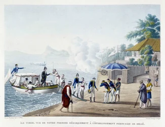 Fransmännens första barkning vid den portugisiska bosättningen Dille på ön Timor.