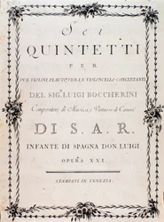 Första sidan av musikpartituren av "" Sex kvintetter för två violiner, violaflöjt och cello "" av Luigi Boccherini