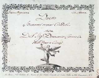 Första sidan av musikmusiken av Svenami nu grym, i Gli Orazi e i Curiazi av Domenico Cimarosa, ca. 1798