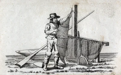 Fiskare och fisknät. Fin gravyr från 1700-talet. Privat samling.