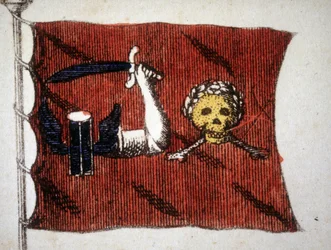 Flagga för de barbariska piraterna, gravyr sent 1700-tal.